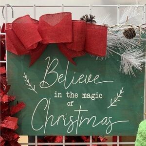 Holiday Green Christmas Sign with Red Bow